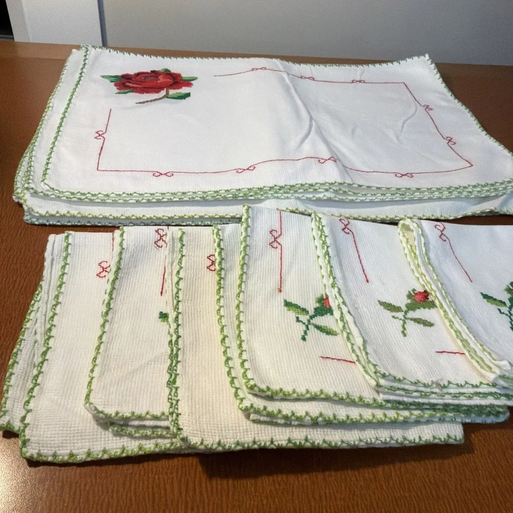 Vintage Set 6 Placemats‎ & Napkins Cross Stitch Pink Rose Handmade Never Used
